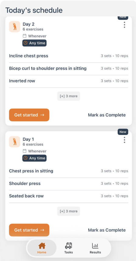 Today's schedule screen on the Valen app showing exercises for each day